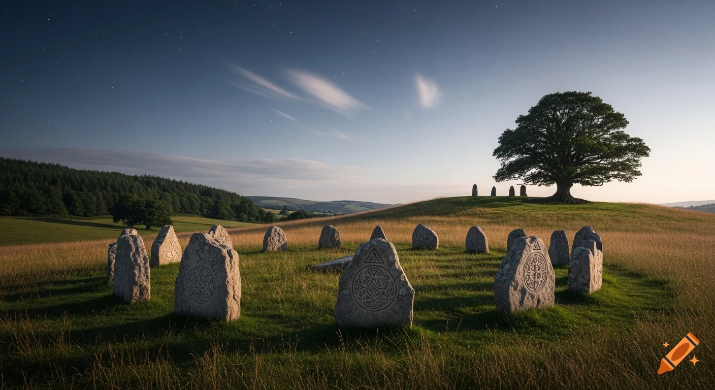A serene landscape featuring an ancient stone circle in a grassy field, a large tree on a distant hill, and a forest under a starry sky at dusk.