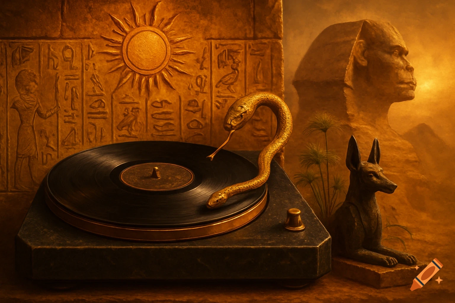 Ancient Egyptian-themed art showing a record player with a golden snake as a tone arm, an Anubis statue, and a Sphinx.