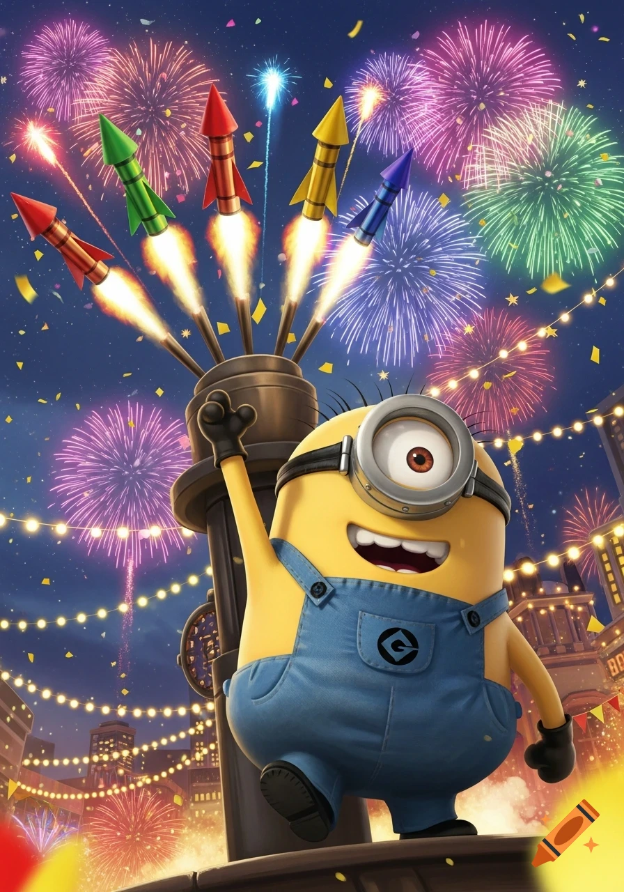 A cheerful Minion launches colorful rockets into a night sky exploding with fireworks and confetti over a city.