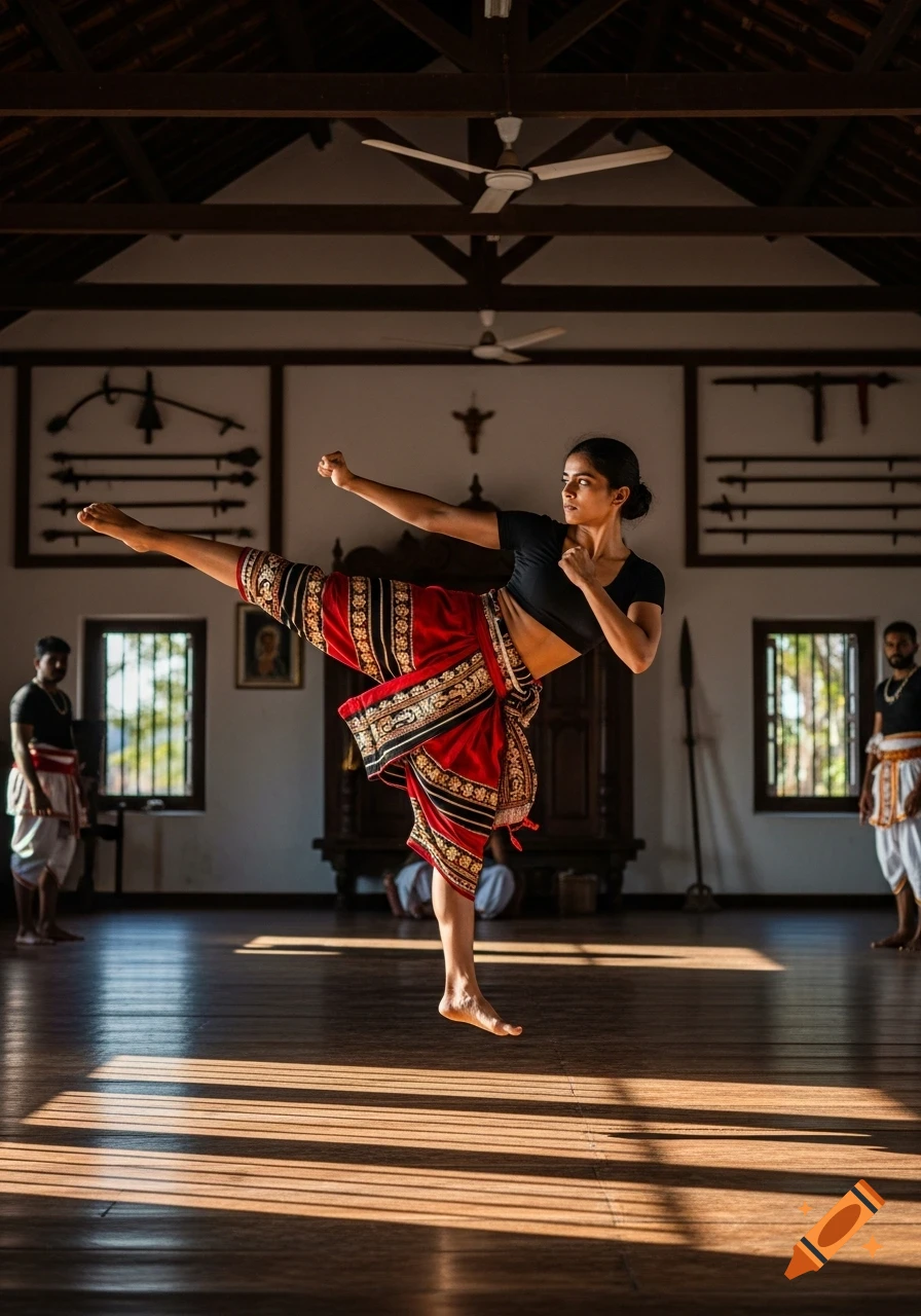 A Kalaripayattu woman in a traditional top and skirt performs a high kick in a sunlit wooden hall.