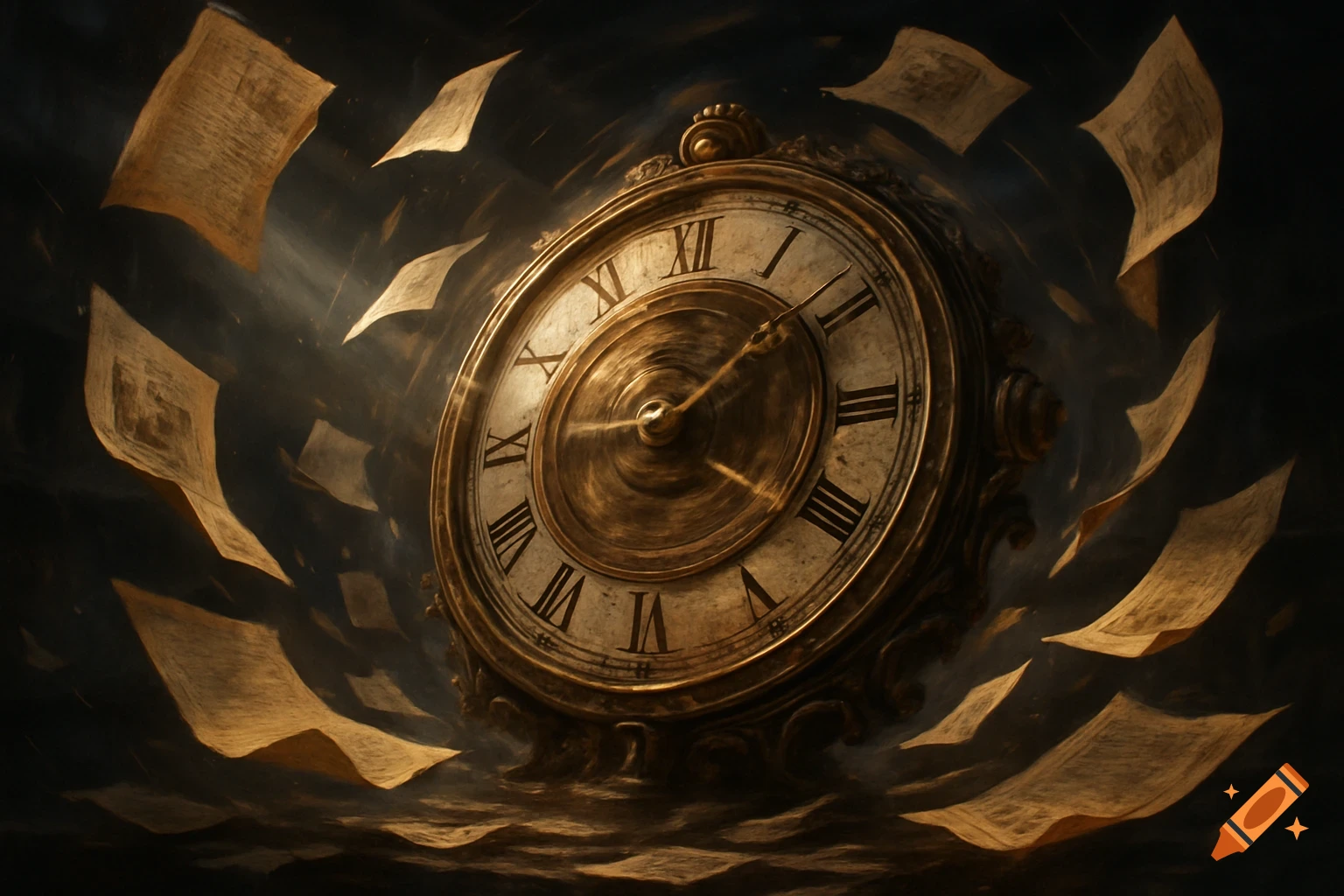 A golden ancient clock with Roman numerals, spinning rapidly amidst flying parchment pages, with cinematic lighting and a dark background.