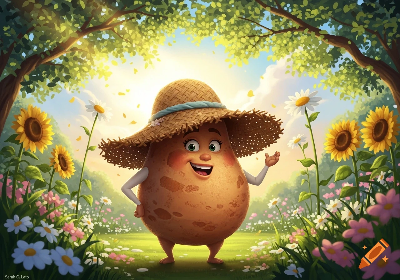A cheerful cartoon potato in a straw hat waving in a sunny field filled with sunflowers and colorful flowers under green trees.