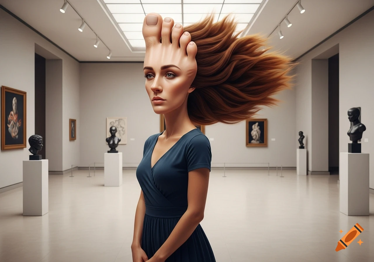 Photorealistic image of a woman with a foot-shaped head and hair as toes, posing in an art museum.
