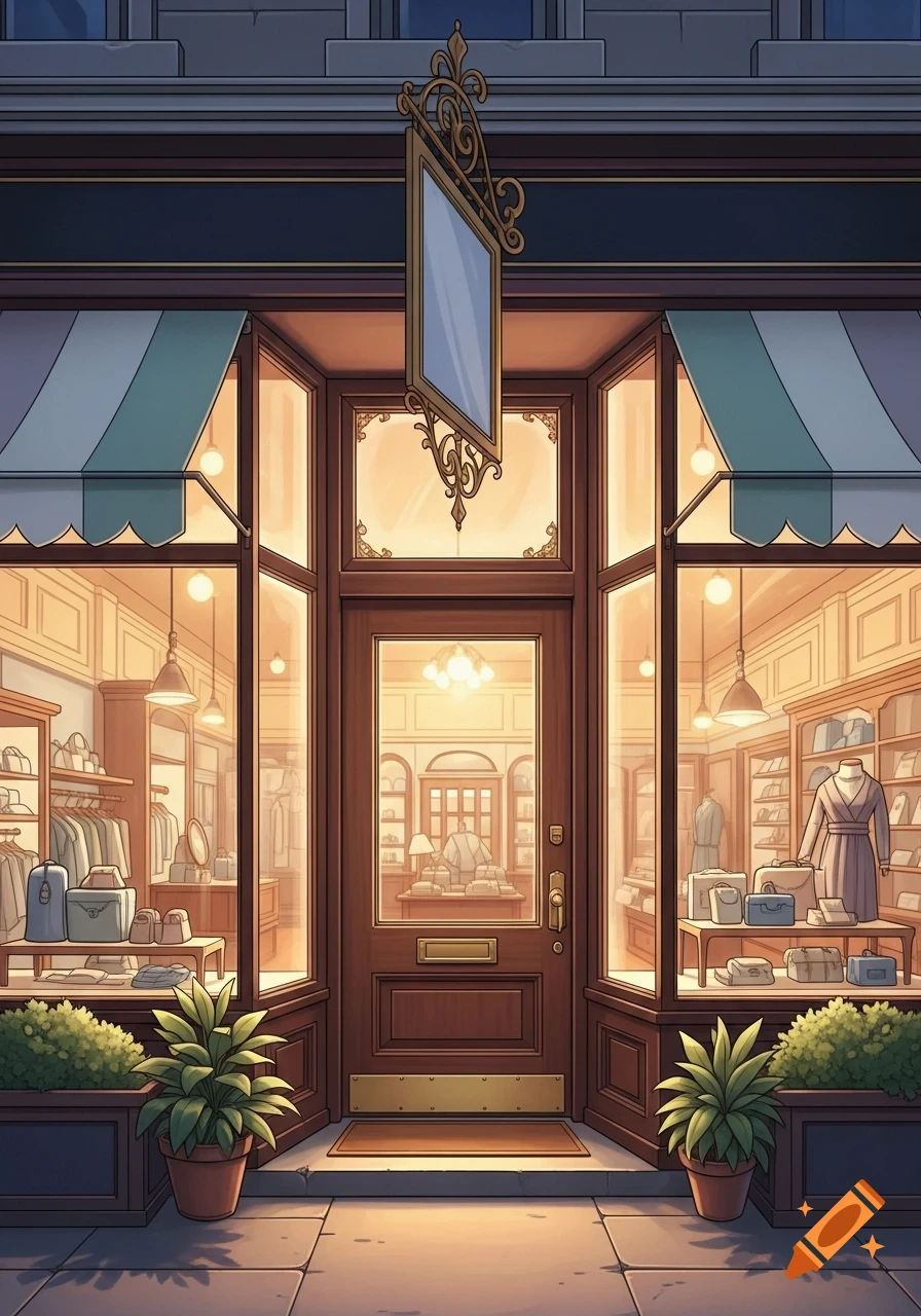 Illustrated front view of a charming, well-lit boutique with large display windows, an ornate blank sign, and potted plants.