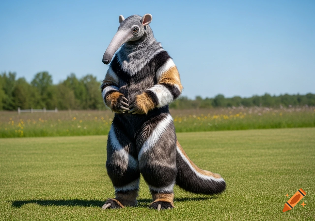 A detailed anteater fursuit, with gray, black, white, and brown fur, stands in a sunny green field.