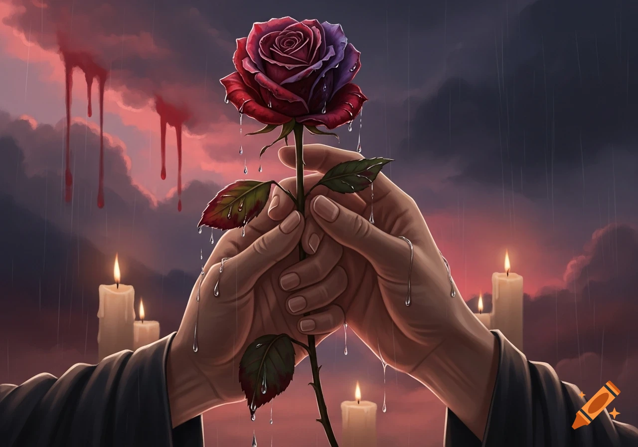 Two hands gently hold a red and purple rose with water droplets, against a dramatic, stormy sky with streaks of red, and lit candles below.