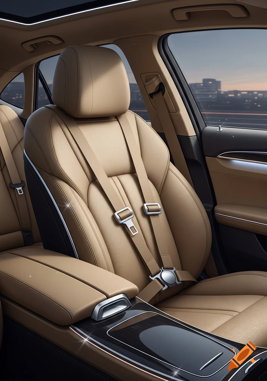 Close-up view of a clean, tan leather car seat with an unusual harness system, seen from inside the car with a city view through the window at dusk.