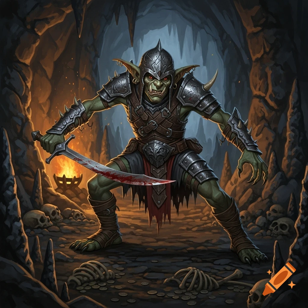 A green-skinned goblin warrior in spiked armor with a bloody sword stands in a cave full of bones and a fiery brazier.