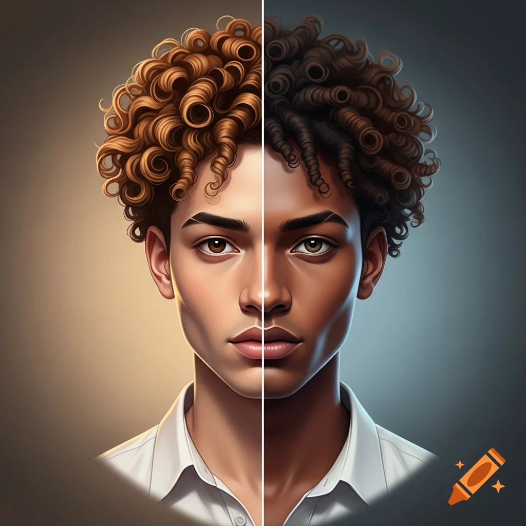 A stylized split portrait of a young man featuring contrasting warm ivory and espresso skin tones, with light and dark curly hair on each half.