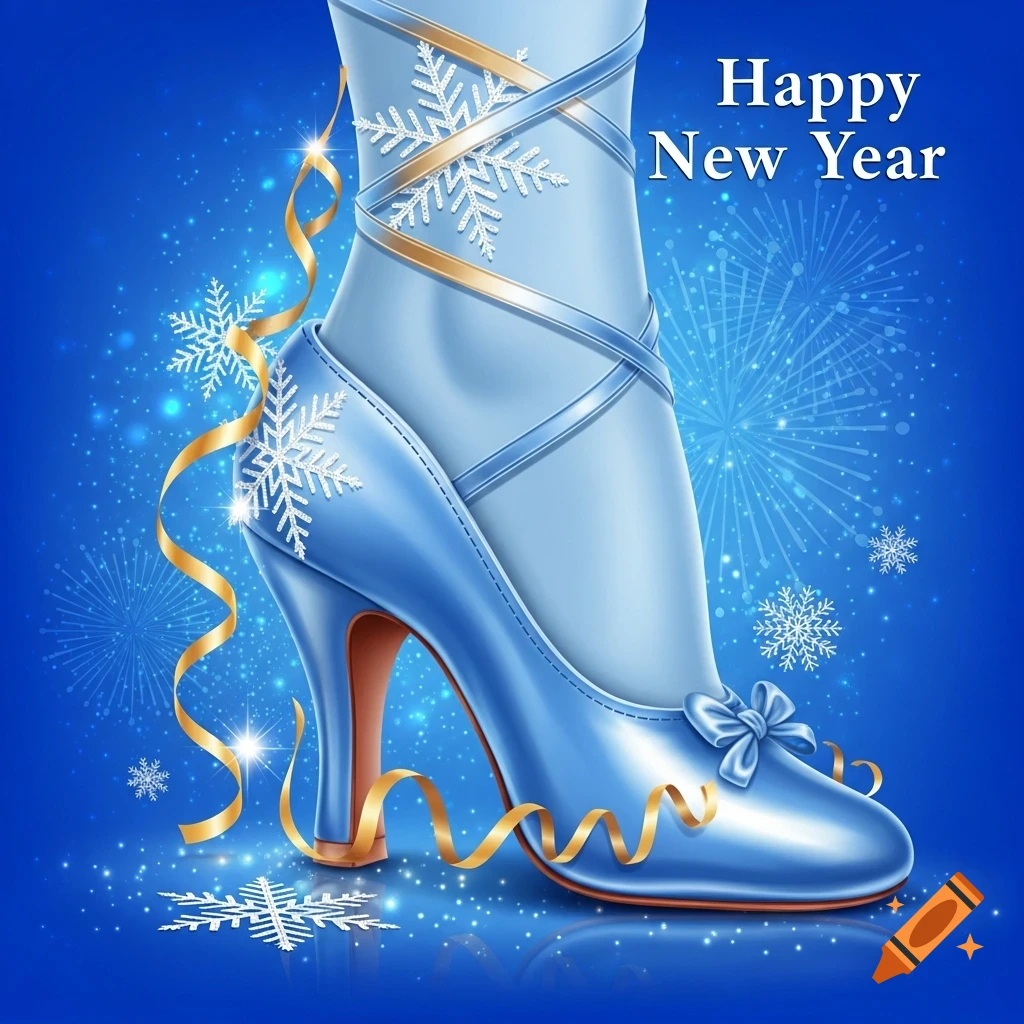 A stylized blue high-heel shoe with a leg, adorned with snowflakes and golden ribbons, against a sparkling blue background with 'Happy New Year' text.