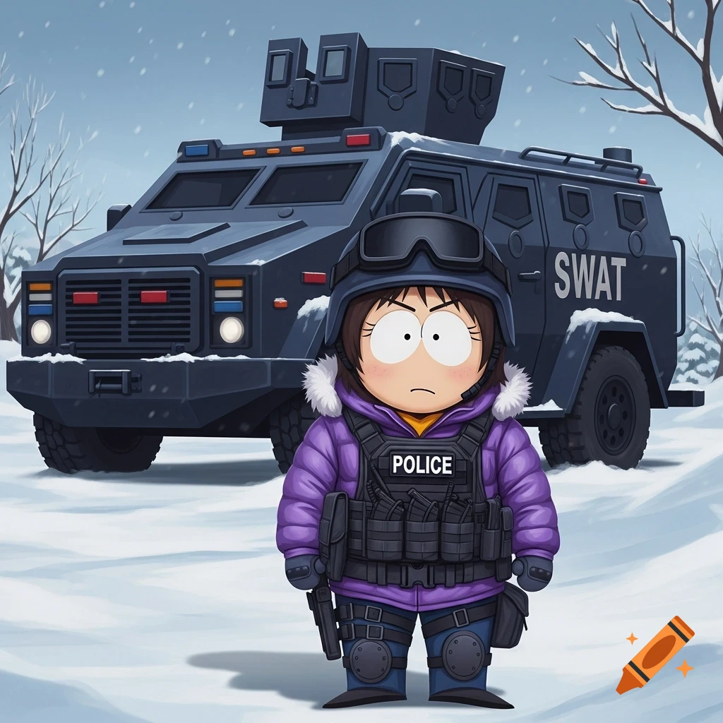 South Park character Wendy Testaburger in a purple jacket, tactical vest, and helmet, holding a gun in the snow with a SWAT van behind her.