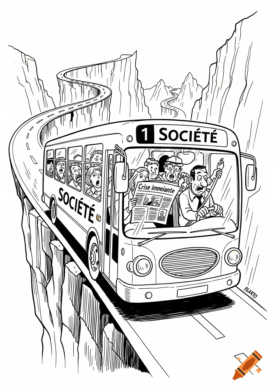 Black and white satirical cartoon showing a bus labeled 'SOCIÉTÉ' driving precariously close to a cliff edge on a winding mountain road. Panicked passengers scream inside, while one reads a newspaper titled 'Crise immeiante'. The bus driver also looks scared.