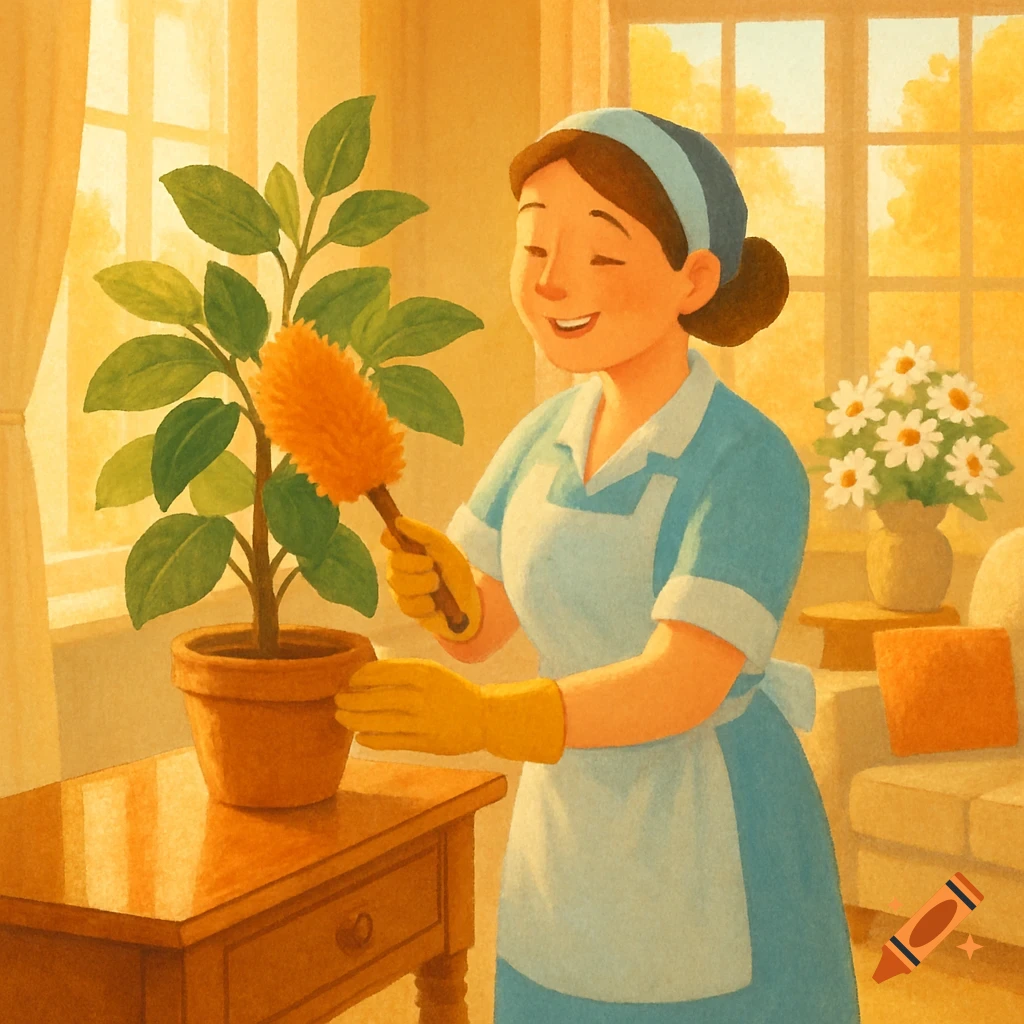 Smiling woman in uniform dusting a potted plant in a sunny room, illustrated style.