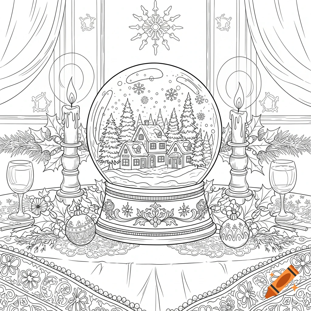 Black and white line drawing of a snow globe on a Christmas-decorated table with candles and wine glasses.