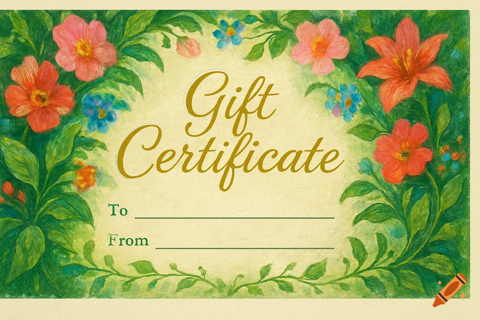 A watercolor style gift certificate with 'Gift Certificate' text, surrounded by pink, red, and blue flowers.