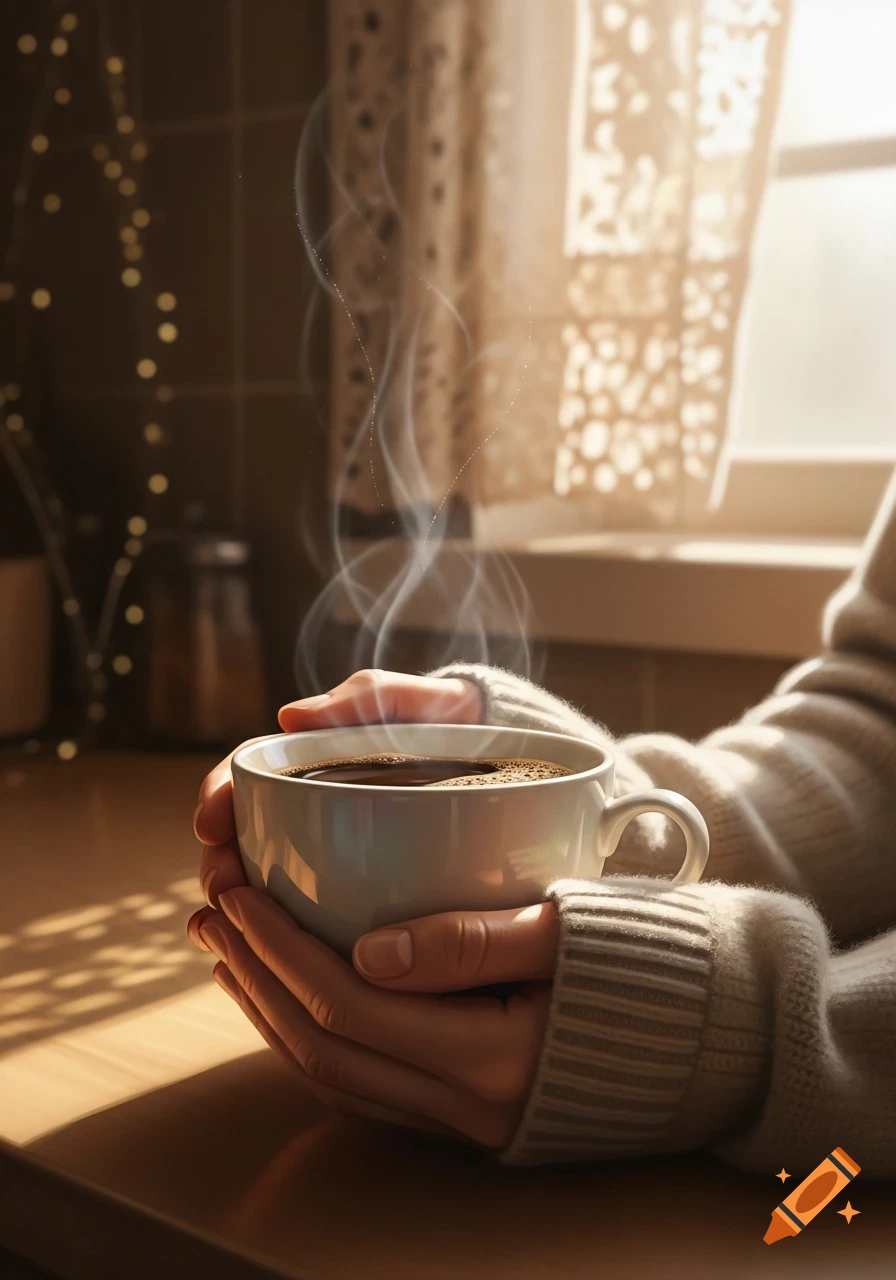 Hands in a cozy sweater hold a steaming cup of coffee by a sunlit window, casting warm light on the table.