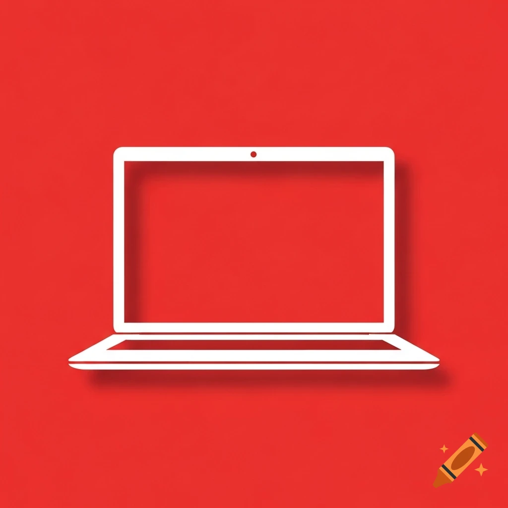 A white outline of a laptop icon with a red screen, on a solid red background, viewed from the front.