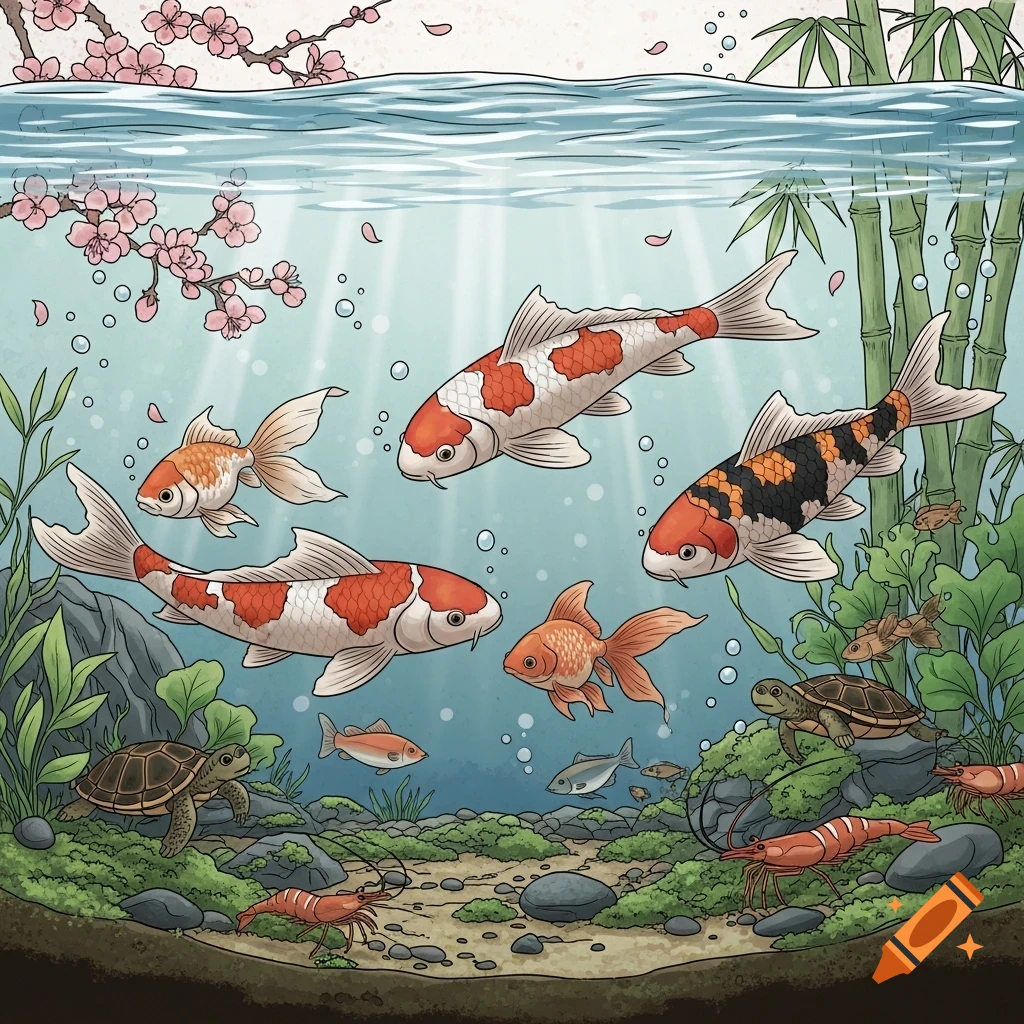 An illustration of koi fish, goldfish, turtles, and shrimp in an aquarium with cherry blossoms and bamboo.