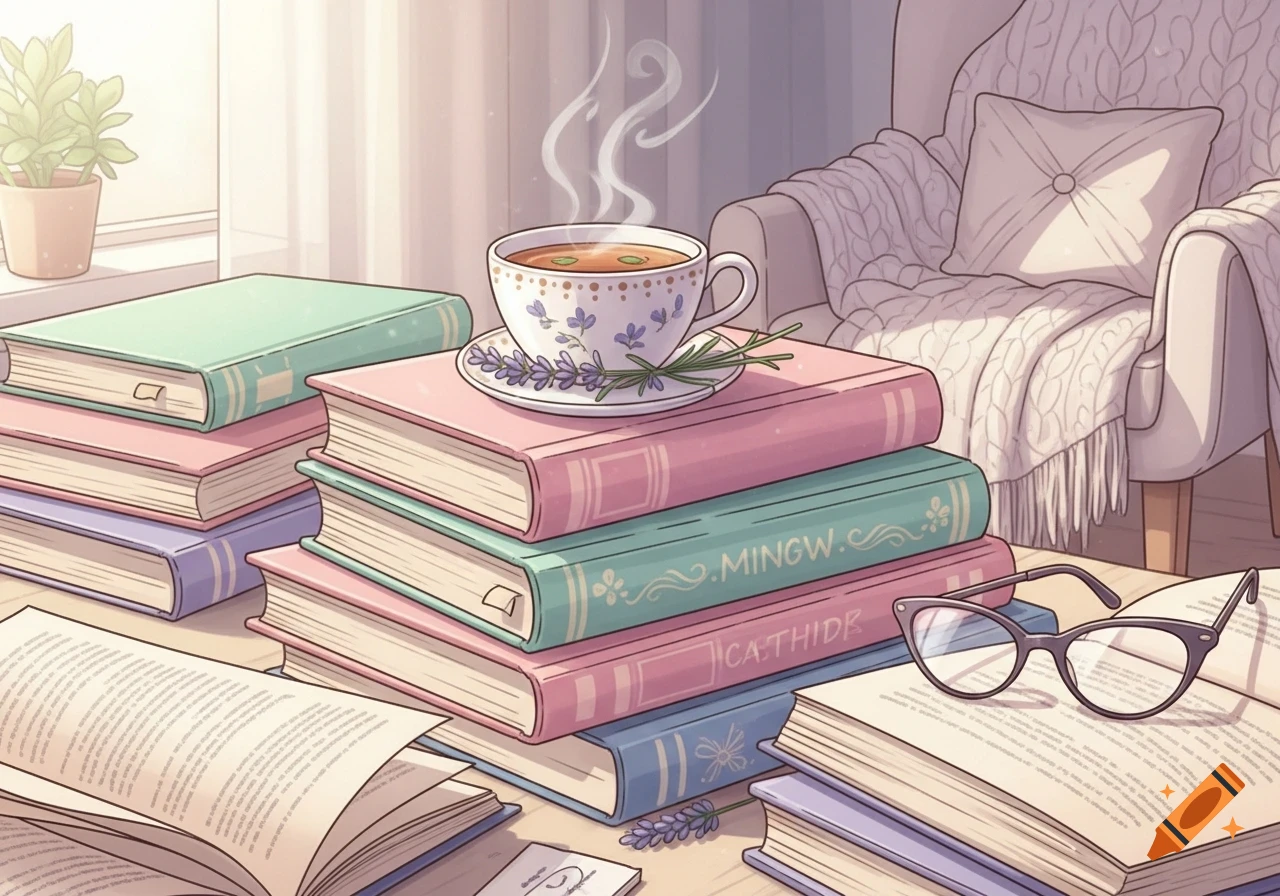 Pastel illustration of stacked books with a steaming teacup and glasses on a table in a cozy, bright room.
