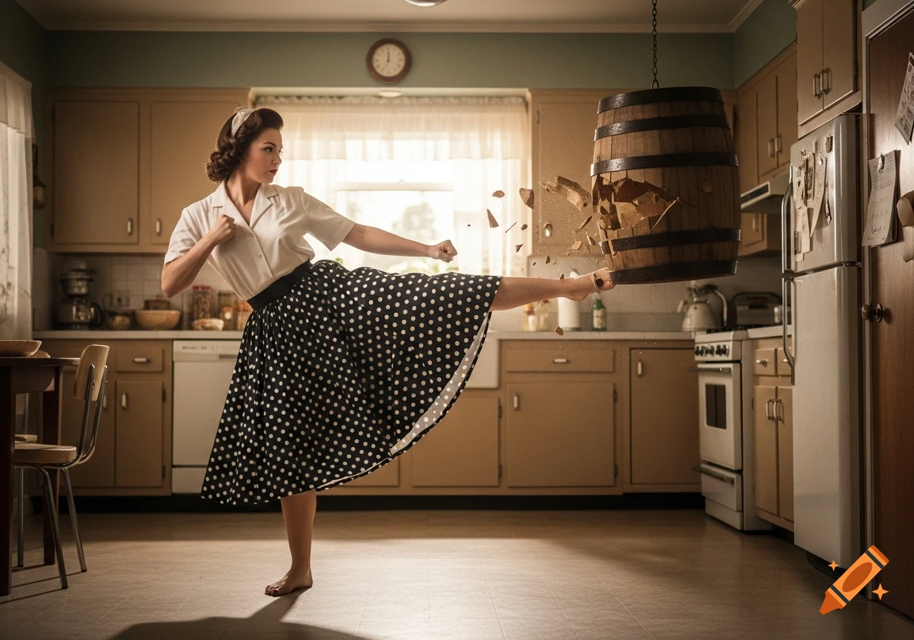 A barefoot 1950s housewife in a polka dot skirt karate kicks a hanging wooden barrel, shattering it in a retro kitchen.
