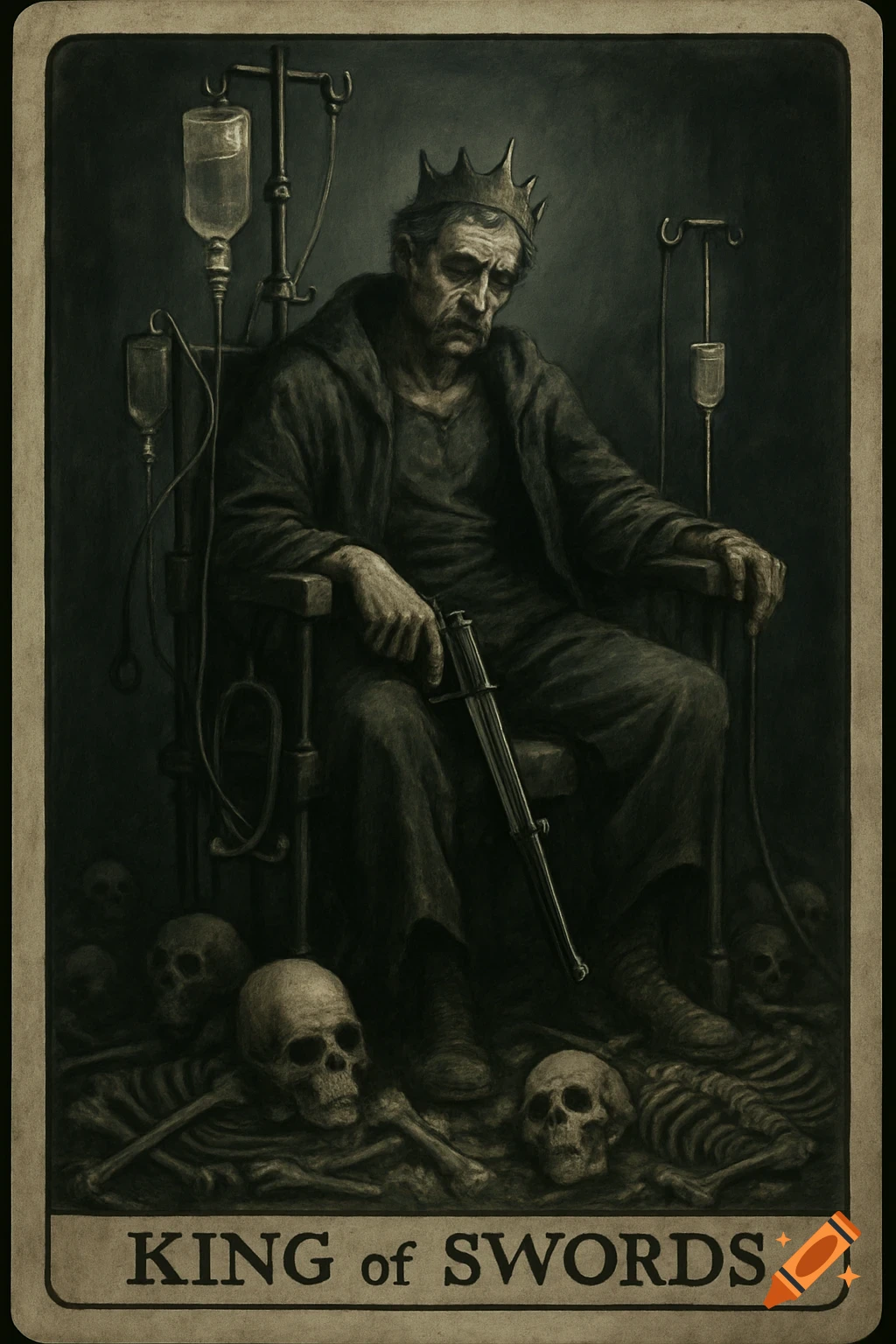 Gothic tarot card of an old, weary king with a crown, hooked to IVs, holding a rifle, seated among skeletons, titled 'KING of SWORDS'.
