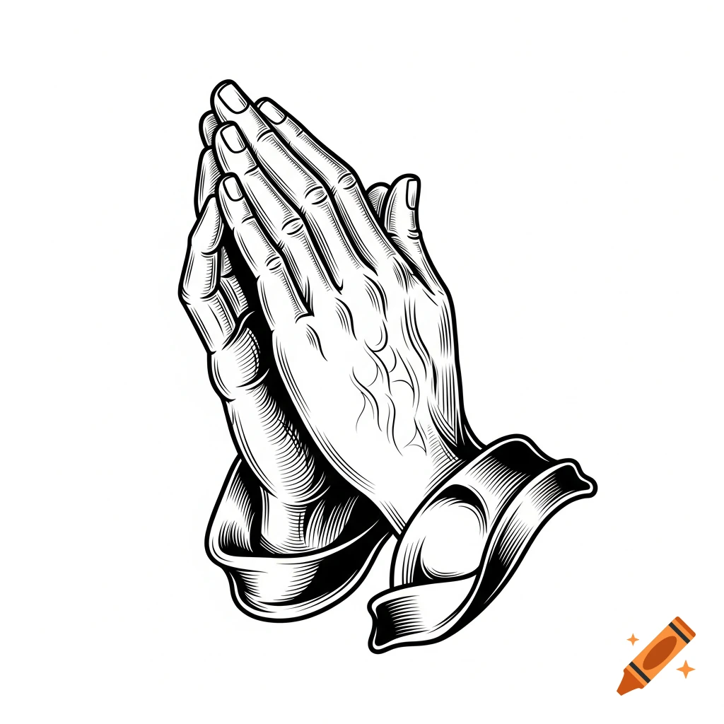 A black and white vector illustration of two hands pressed together in a praying gesture, with detailed line work.