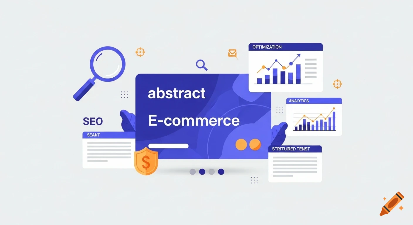 A flat illustration of an abstract e-commerce product card surrounded by SEO, optimization, and analytics data, with a magnifying glass.