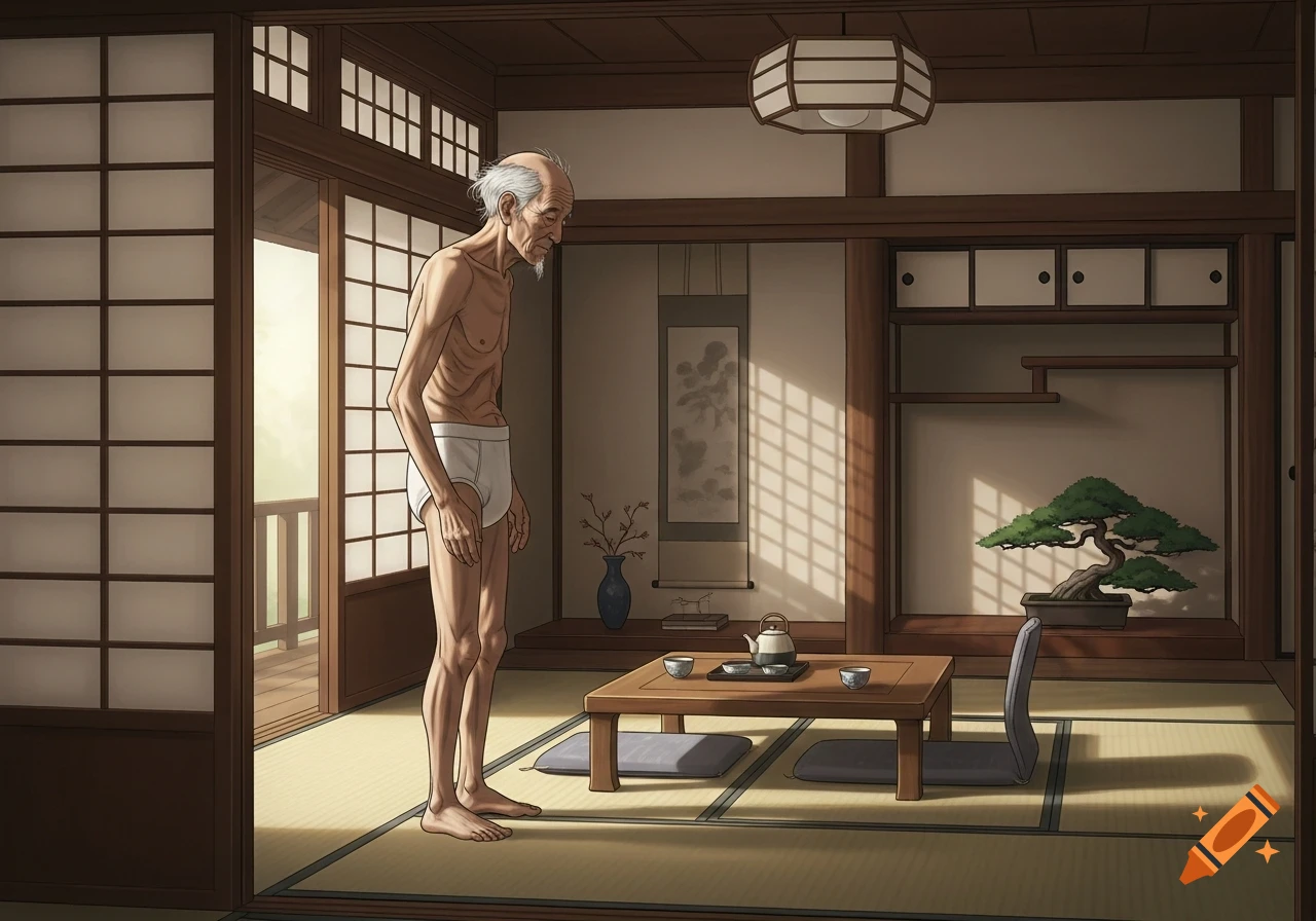 An emaciated elderly Japanese man in white underwear stands in a traditional Japanese room with a bonsai tree and tea set.