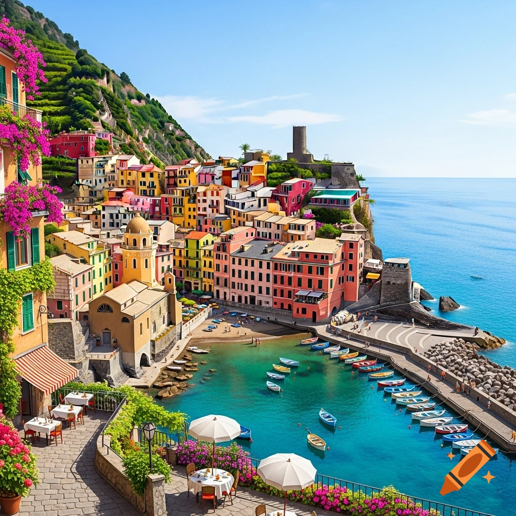 Vibrant coastal town with colorful buildings cascading down a green hillside to a turquoise harbor filled with boats, under a clear blue sky.