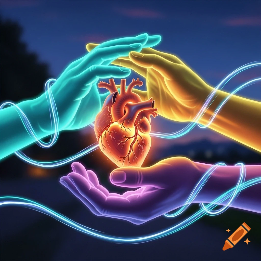 Three glowing hands, teal, yellow, and purple, gently cradle a bioluminescent human heart amidst swirling light lines.