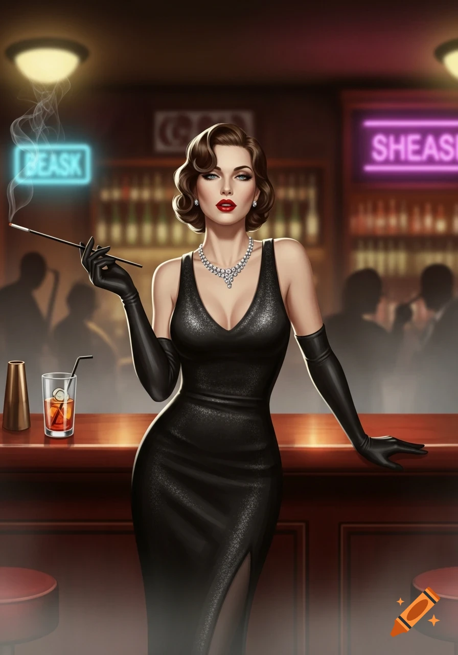 A stylized woman in a black dress, long gloves, and a pearl necklace, holds a cigarette holder at a bar.