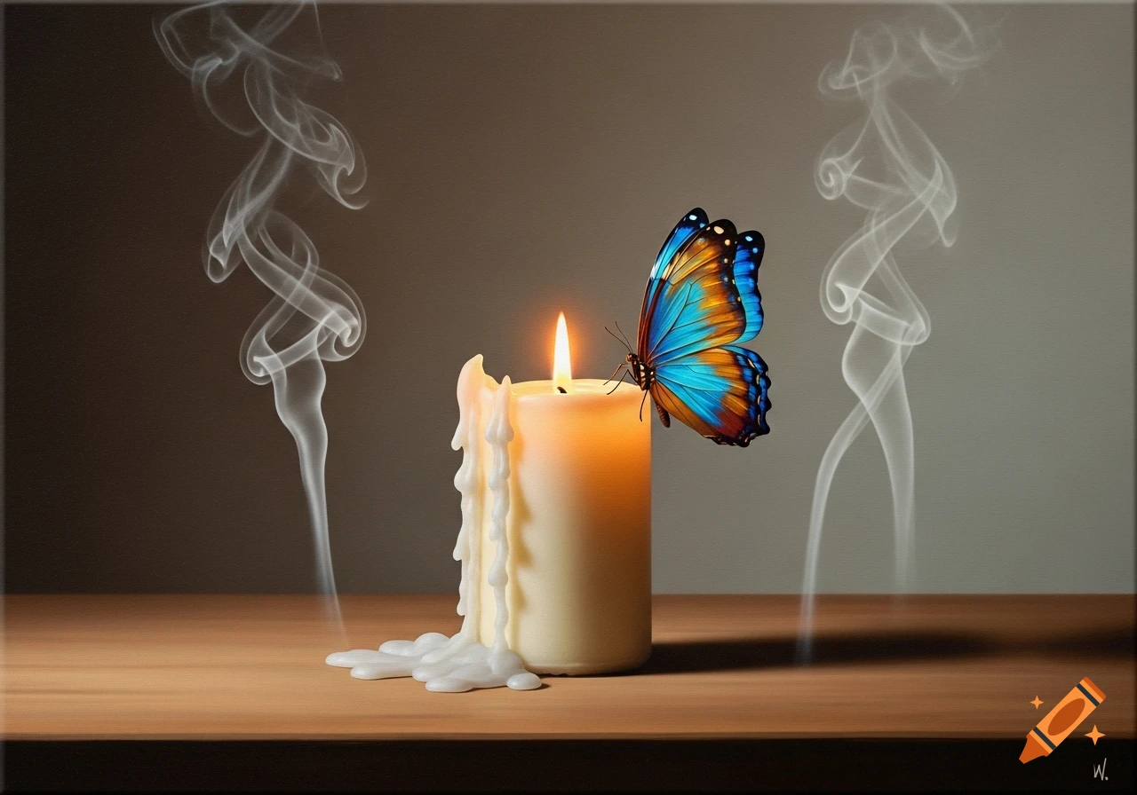 A vibrant blue and orange butterfly rests on a lit, dripping wax candle, with smoke trails in the background, all on a wooden surface in a modern still life.