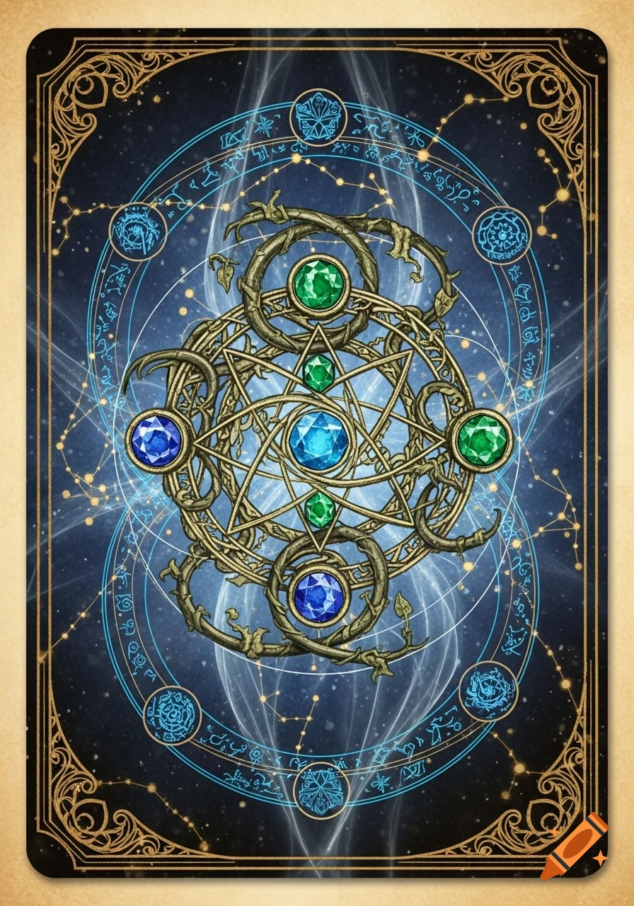 An ornate, mystical card back design in gold with blue and green gems, featuring a central six-pointed star and intricate patterns on a dark blue starry background.