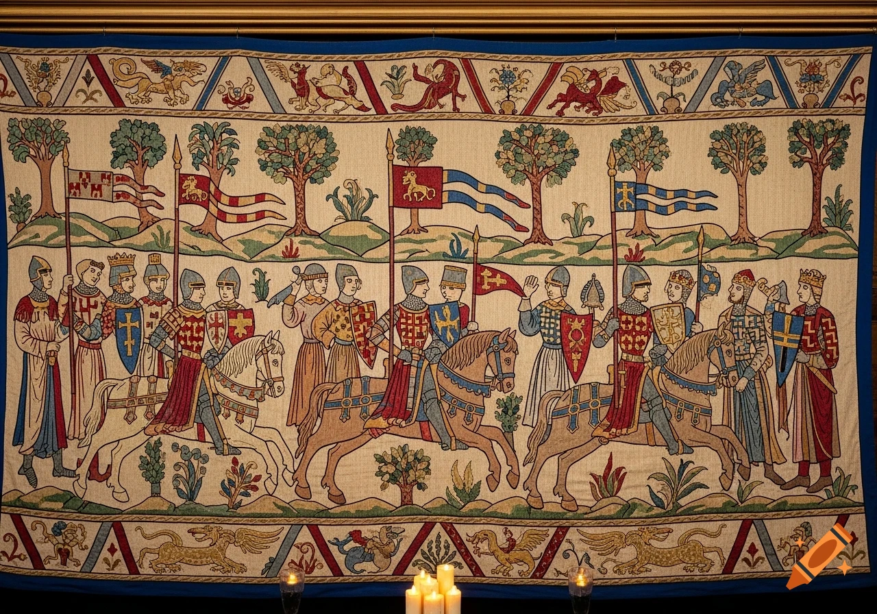 A detailed tapestry depicting a procession of medieval knights on horseback, with flags, shields, and trees, displayed beneath a golden frame and above lit candles.