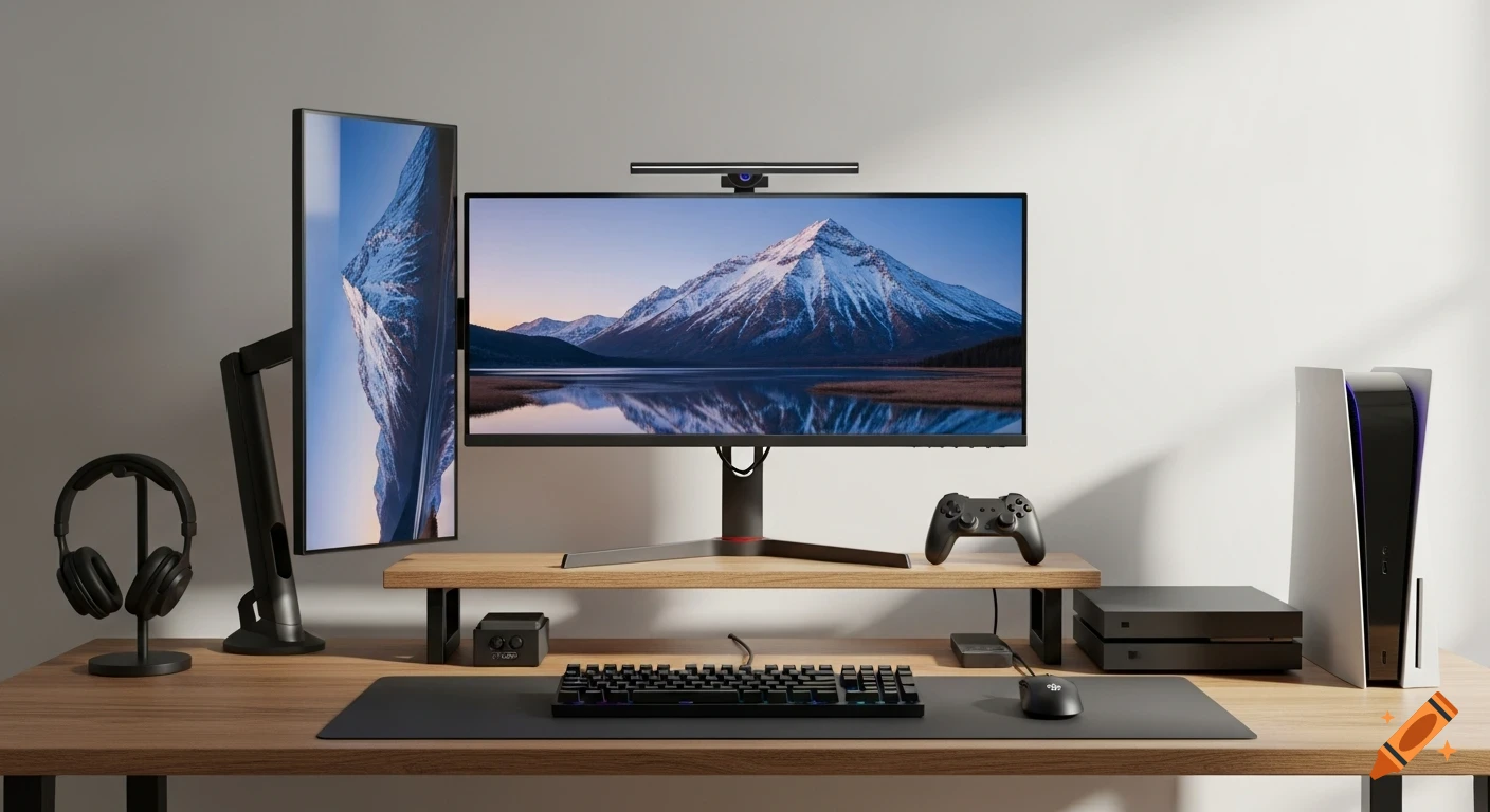 A modern gaming desk setup with a landscape monitor displaying a snowy mountain lake, a vertical monitor, headphones, keyboard, mouse, and consoles on a wooden desk.