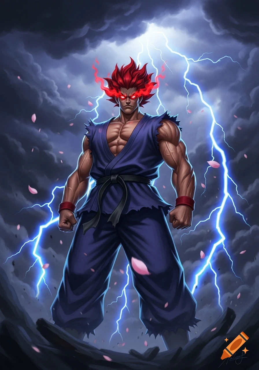 An intense, muscular Akuma-like character with red spiky hair and glowing red eyes, in a blue gi, stands powerfully amidst a lightning storm with pink petals.