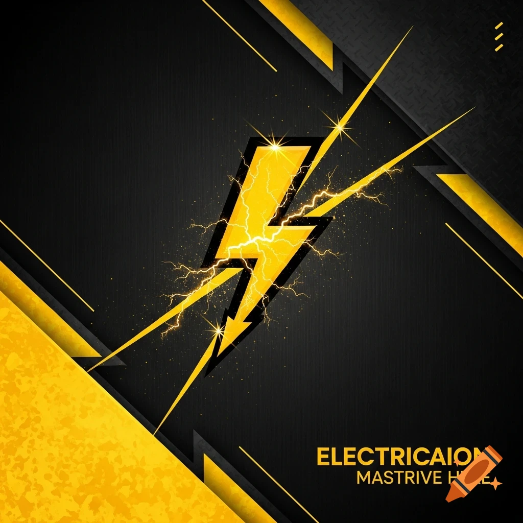 Yellow lightning bolt with sparks on a black and yellow abstract background, with text at the bottom right.