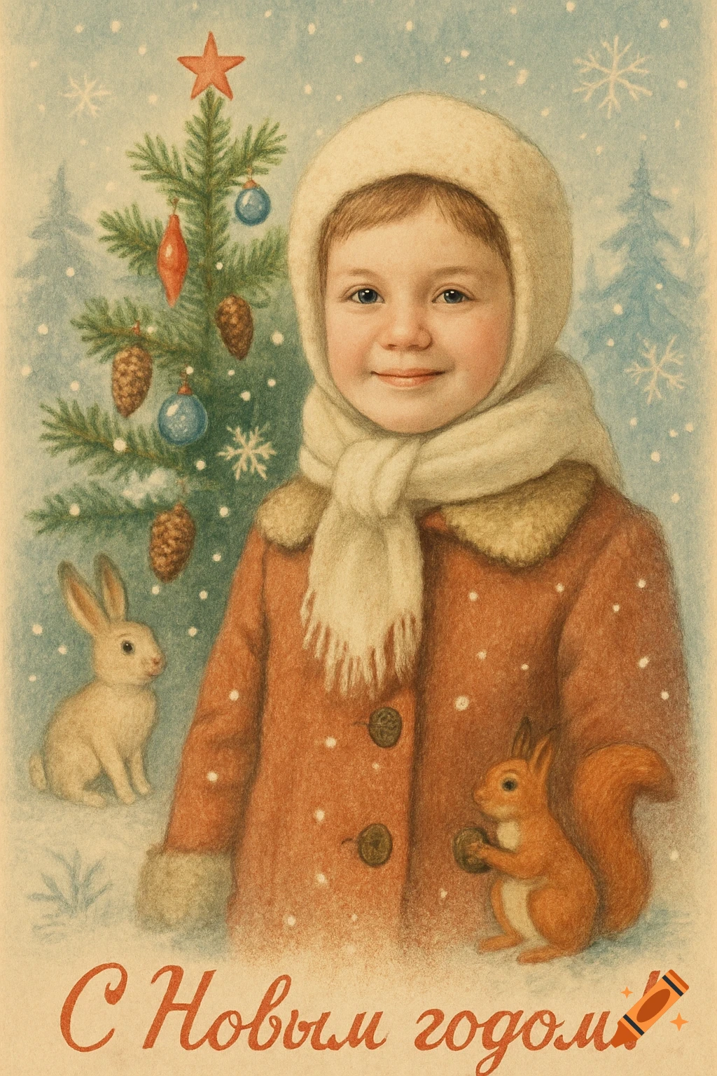 Vintage Soviet New Year's card illustration of a child in winter clothes, Christmas tree, rabbit, squirrel, and 'Happy New Year!' text.