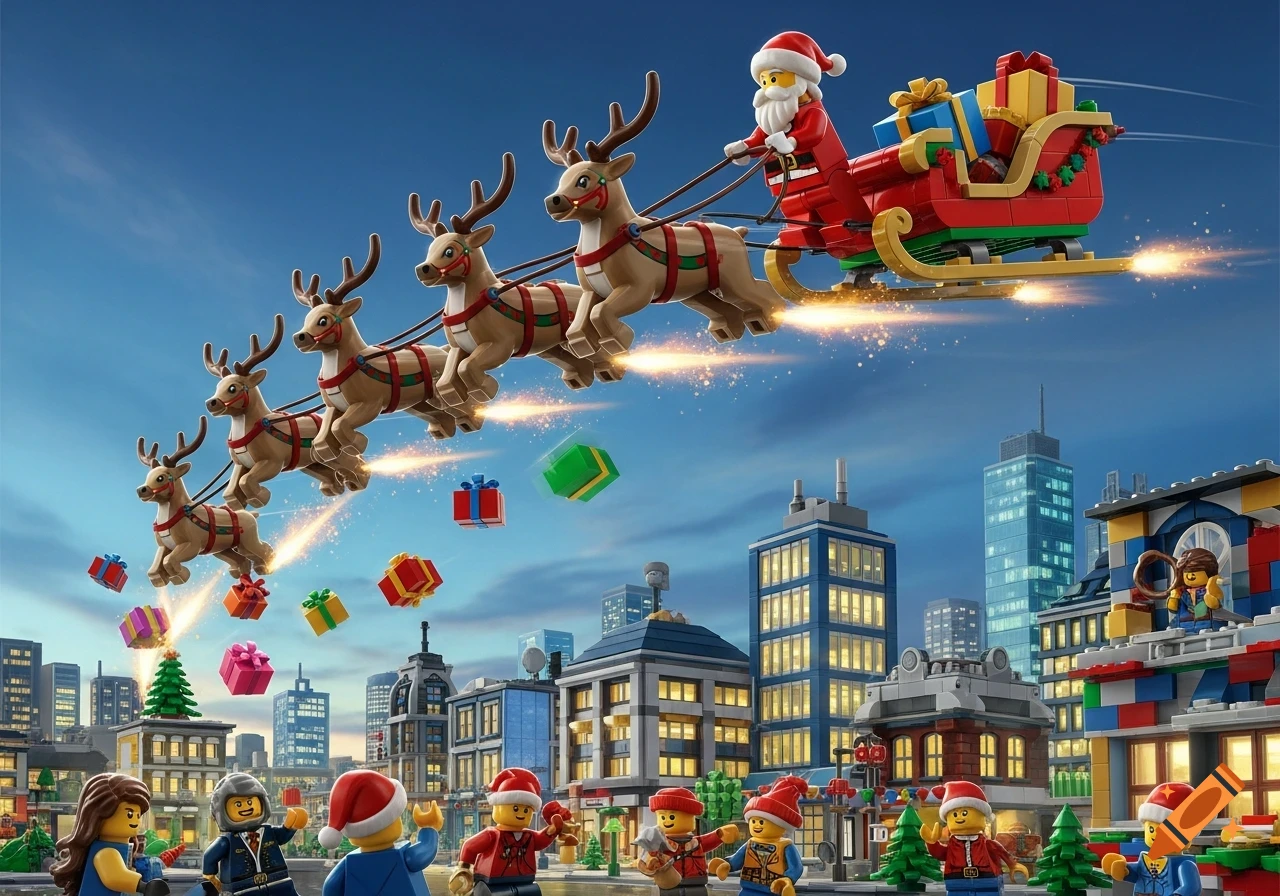 LEGO Santa Claus on a sleigh pulled by reindeer flies over a festive LEGO city, dropping colorful presents to minifigures below.