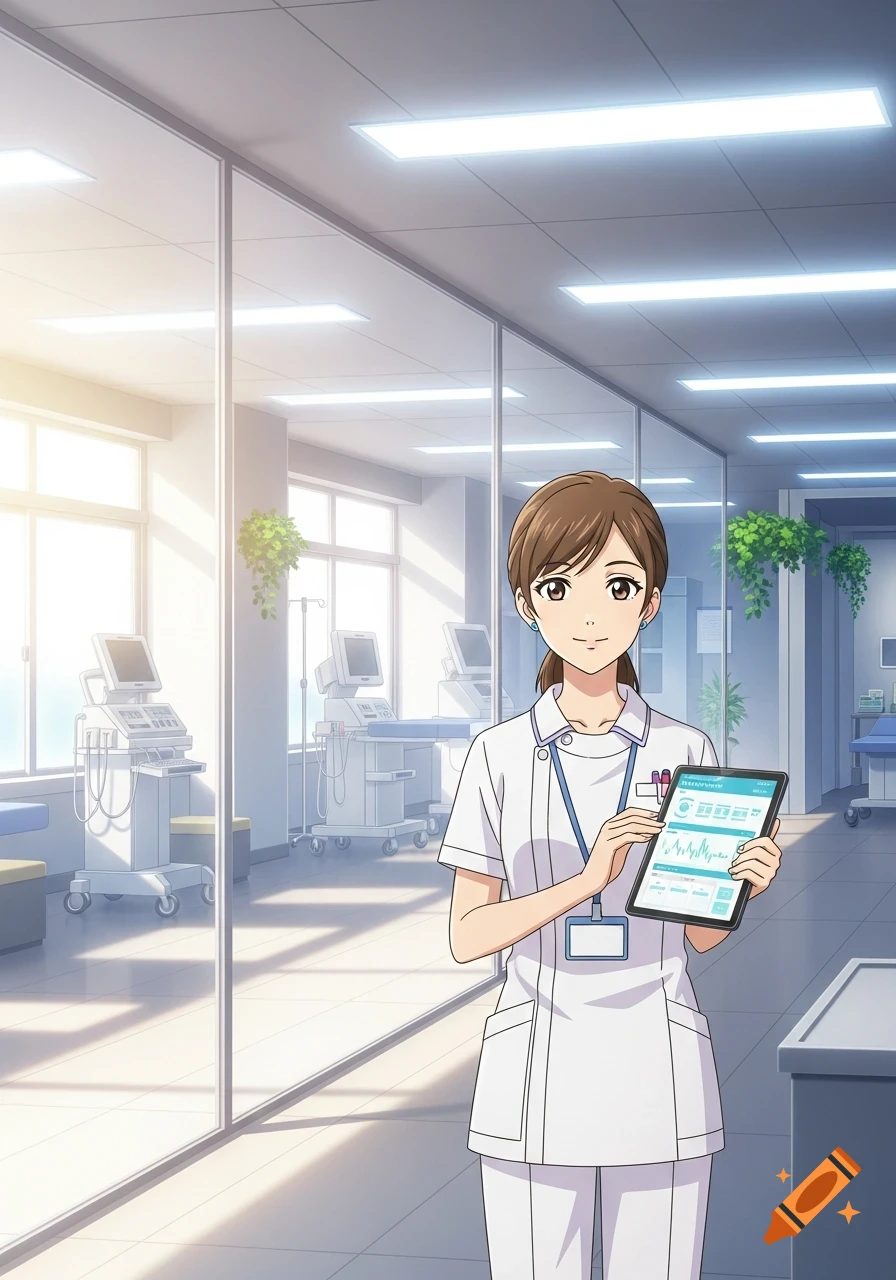 Anime nurse in a hospital hallway holds a tablet displaying charts and data.