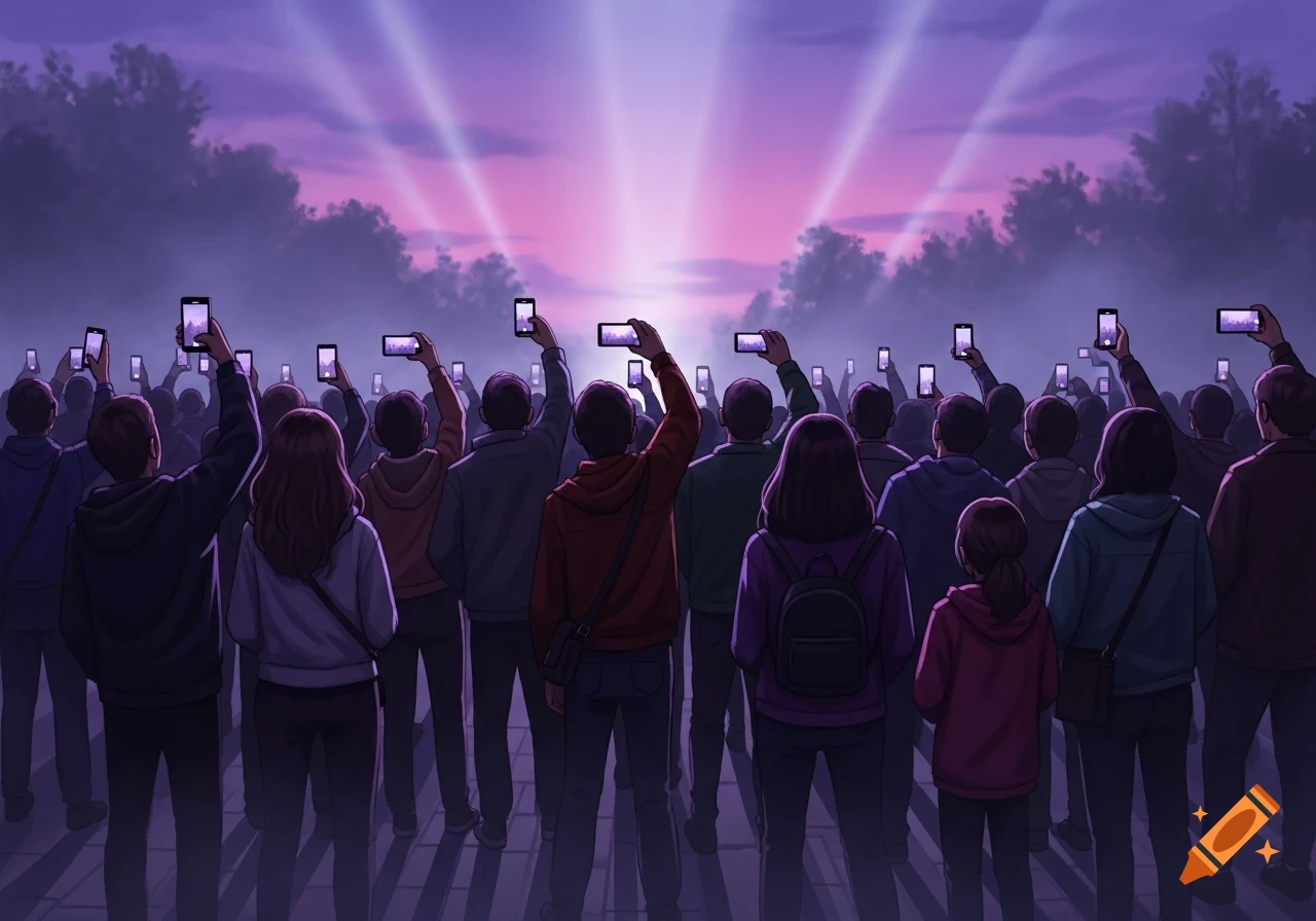 A crowd of people with their backs to the viewer holding up smartphones to capture light beams in a purple night sky.