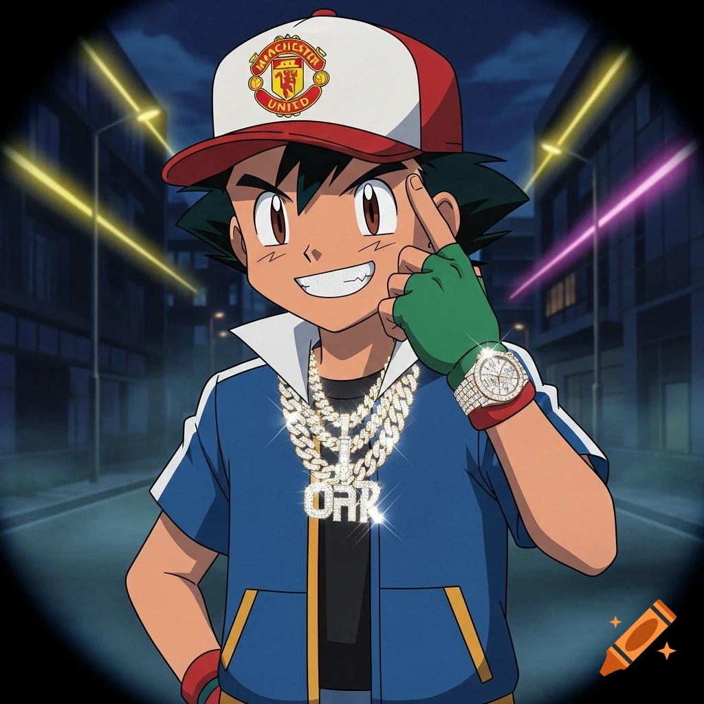 Ash Ketchum from Pokemon in anime style, wearing a Manchester United hat, diamond chains, and a watch, smiling at night with a fisheye lens effect.