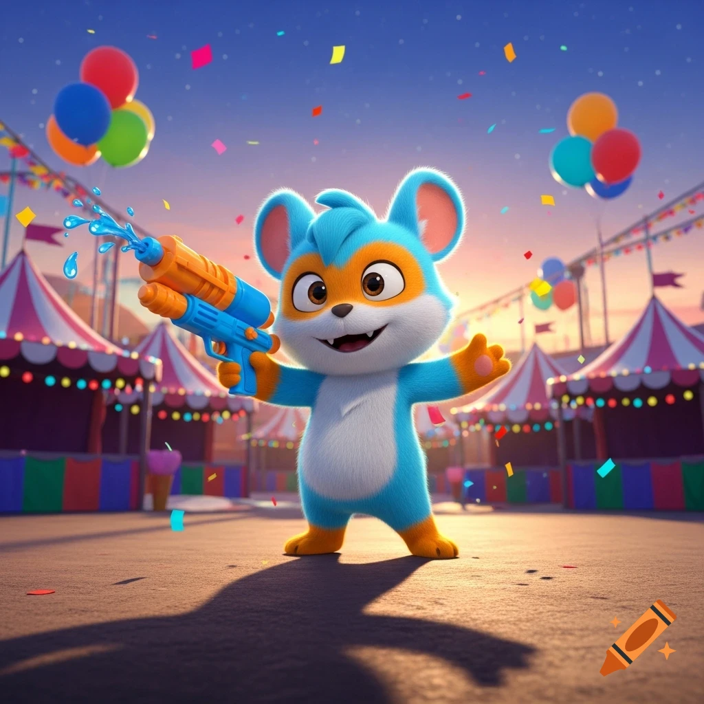 A vibrant blue and orange cartoon creature sprays water from a water gun at a festive carnival with tents, balloons, and confetti.