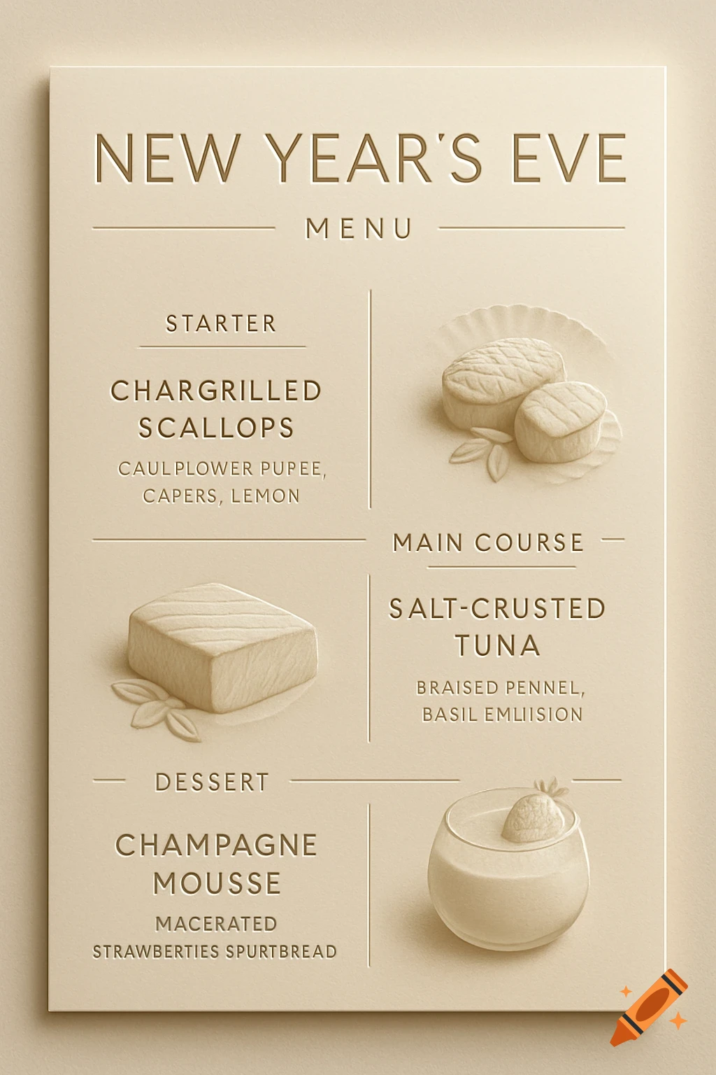 A minimalist New Year's Eve menu design on a cream background, featuring embossed text for starter, main course, and dessert, with small 3D rendered illustrations of scallops, a block of tuna, and a champagne mousse.