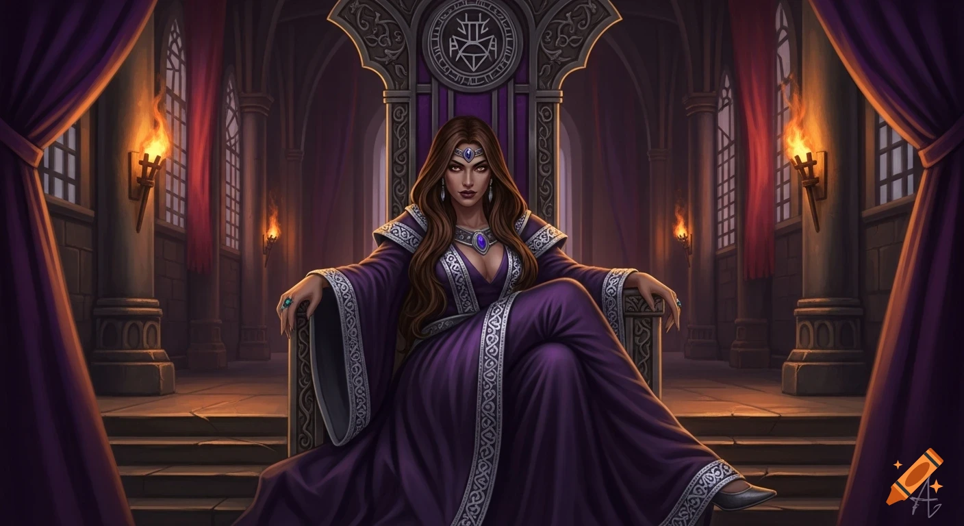 A dark sorceress with long brown hair in a deep purple robe with silver trim sits regally on an ornate throne in a dimly lit fantasy hall with torches.
