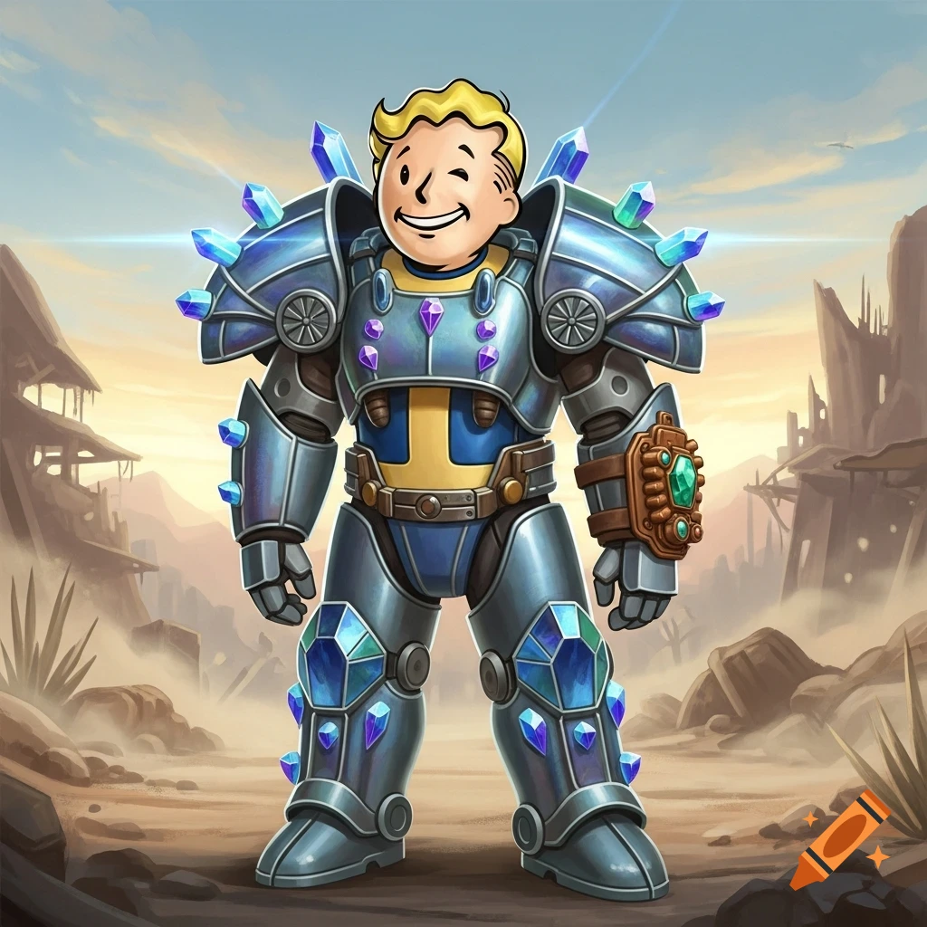 Cartoon Vault Boy winks in blue crystal armor against a desert wasteland background.