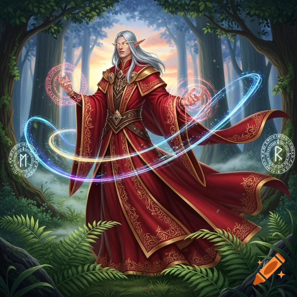Silver-haired high elf mage in ornate red robes casts magic in an enchanted forest at sunset.