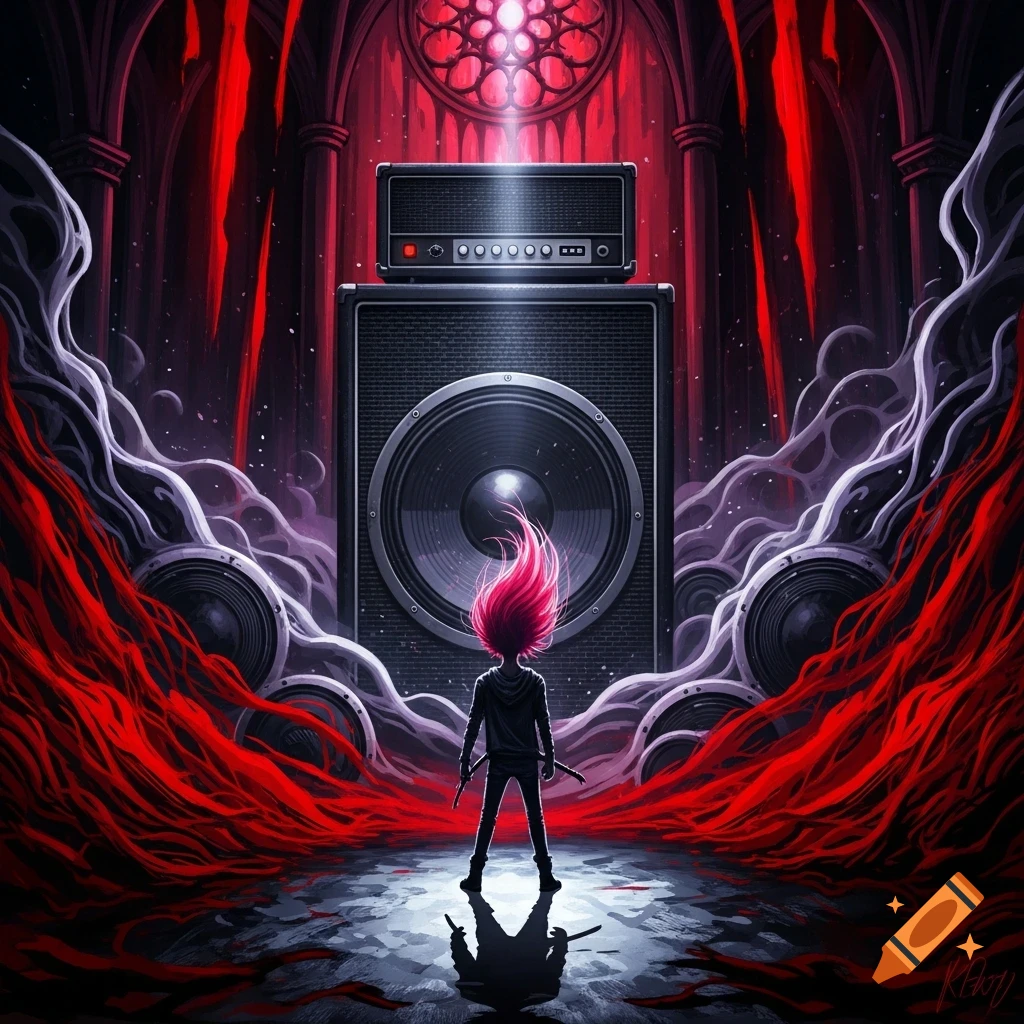 Person with pink hair facing a huge guitar amplifier and speakers in a dramatic, gothic hall with flowing red and purple energy.