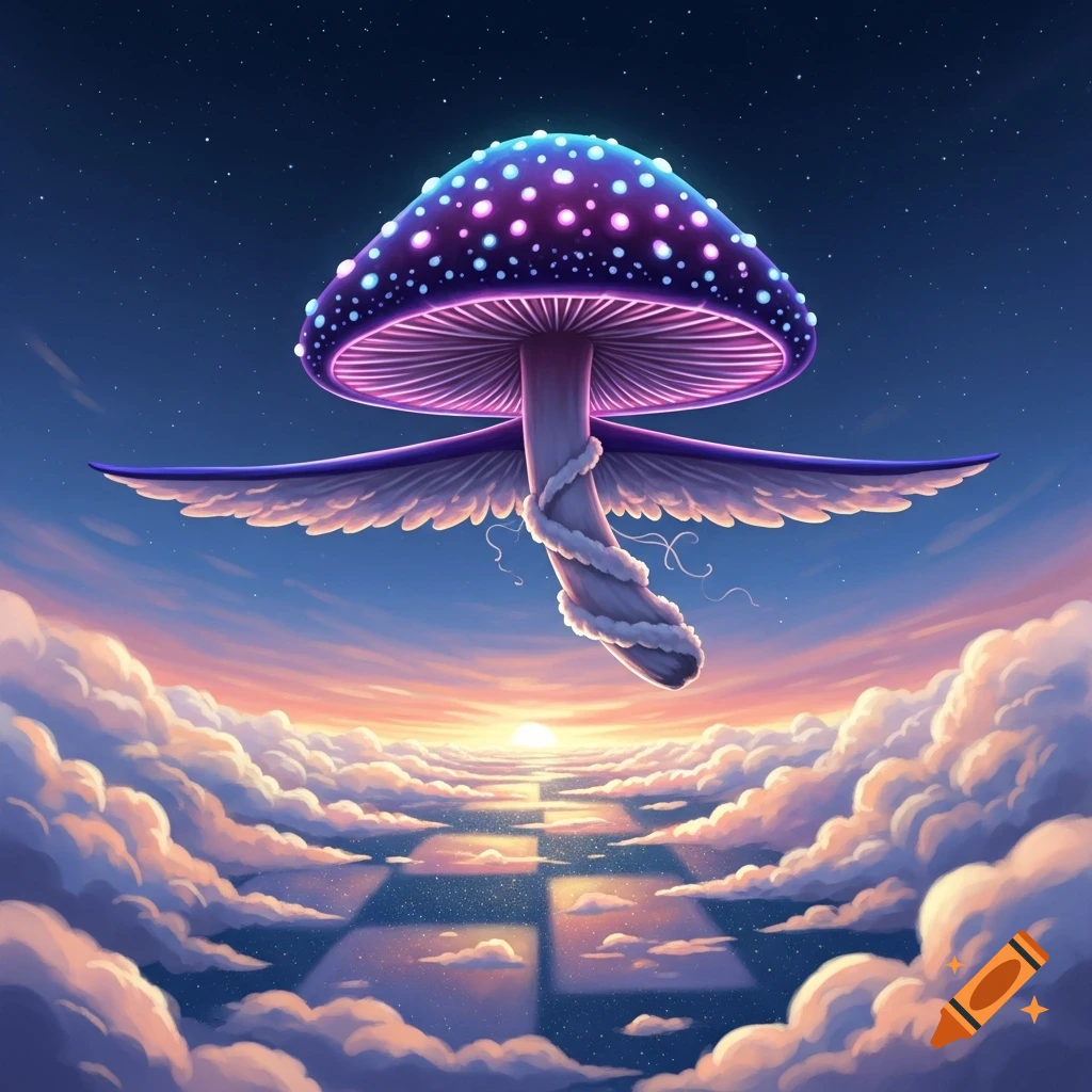 A glowing purple mushroom with wings flies above a checkerboard path of clouds leading to a sunset horizon in a starry sky.