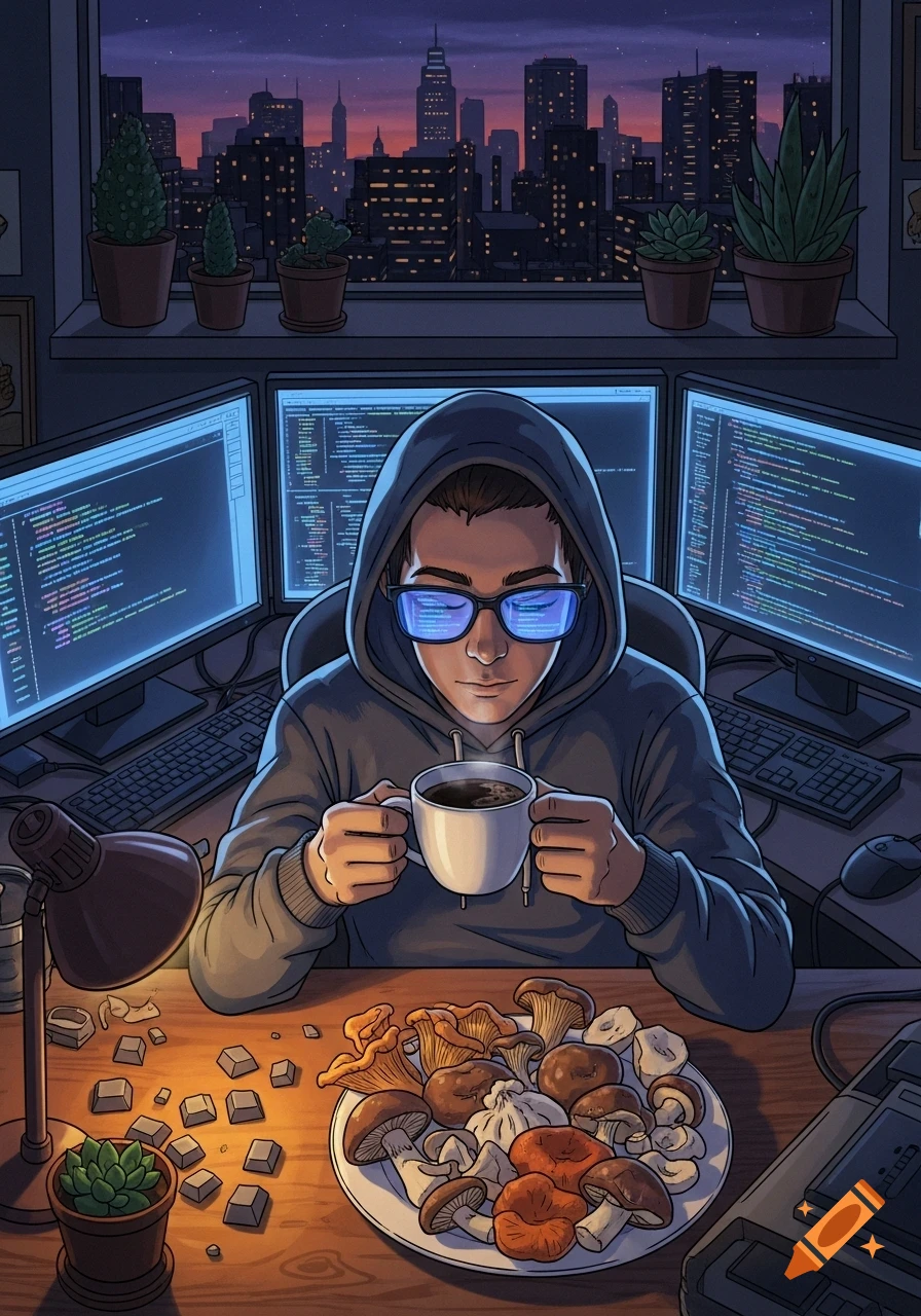 An illustrated man in a hoodie codes on three monitors at night, drinking coffee with mushrooms on his desk, overlooking a city skyline.